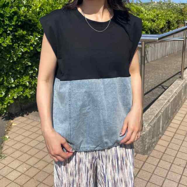 デニム切替ノースリプルオーバー