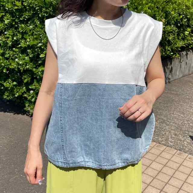 デニム切替ノースリプルオーバー