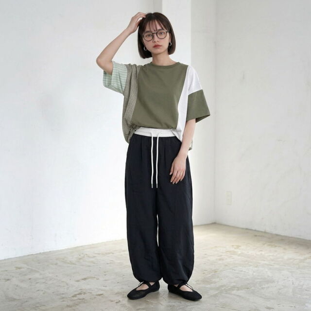 ナイロン風配色イージーパンツ