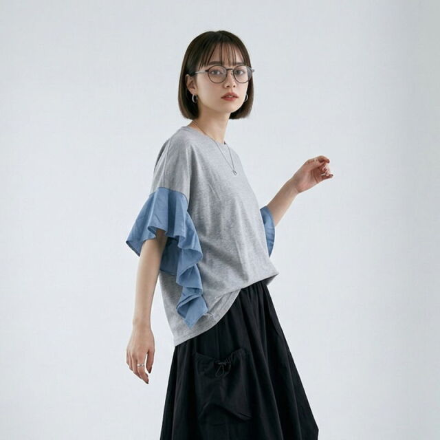 デニム切替フリルプルオーバー