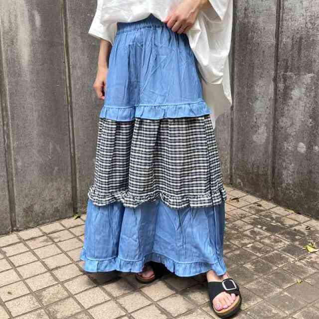 デニムチェック切替スカート