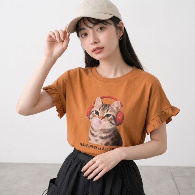 袖フリルヘッドホンネコプルオーバー