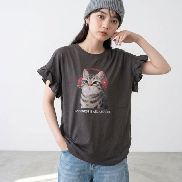袖フリルヘッドホンネコプルオーバー