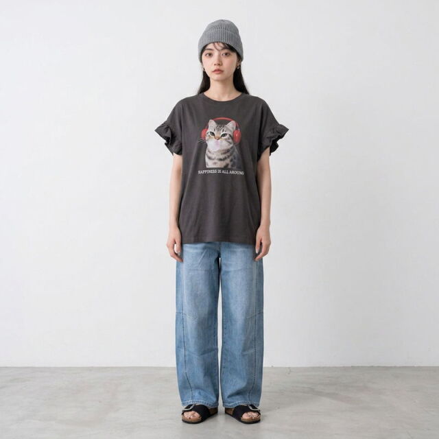 袖フリルヘッドホンネコプルオーバー