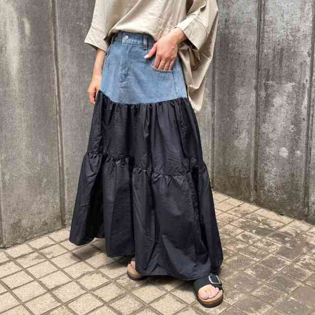 デニム切替ティアードスカート