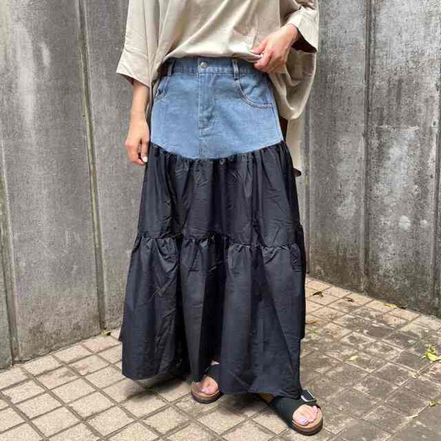 デニム切替ティアードスカート