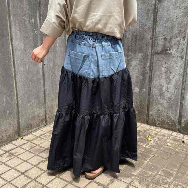 デニム切替ティアードスカート