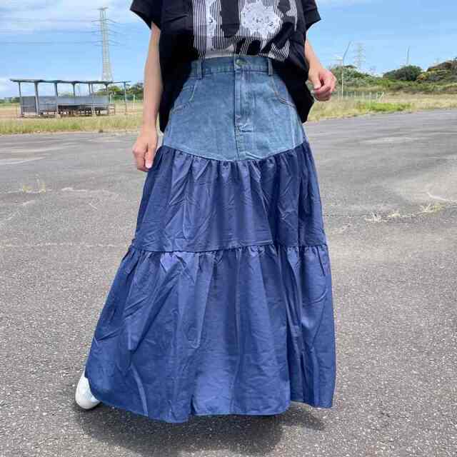 デニム切替ティアードスカート