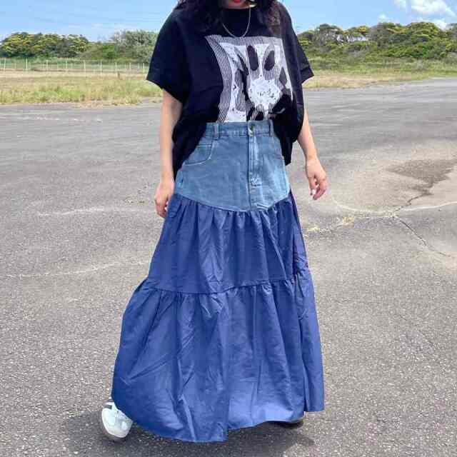 デニム切替ティアードスカート