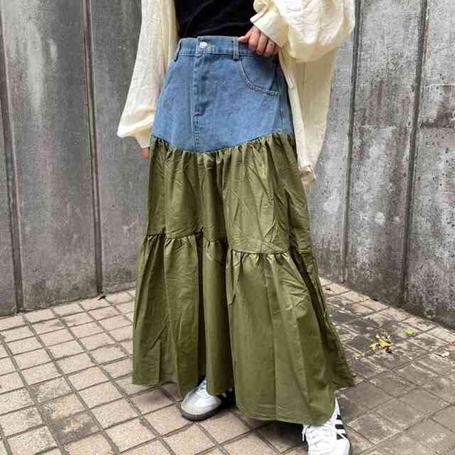 デニム切替ティアードスカート