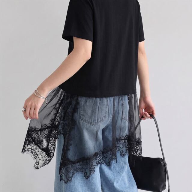 裾レースレイヤースラブTシャツ