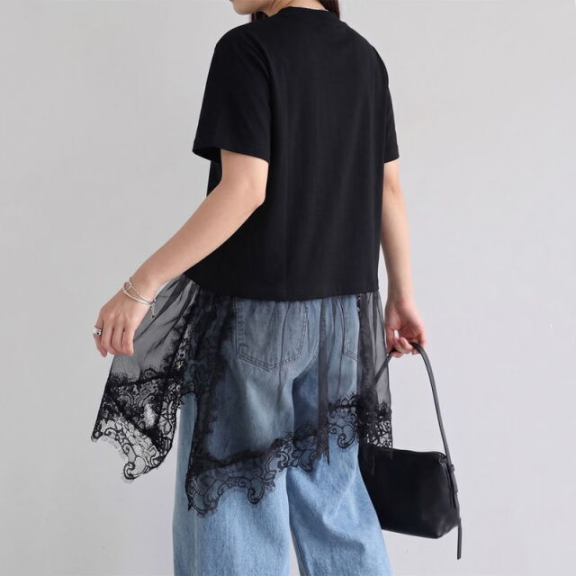 裾レースレイヤースラブTシャツ
