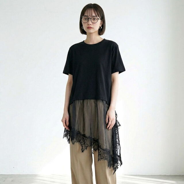 裾レースレイヤースラブTシャツ