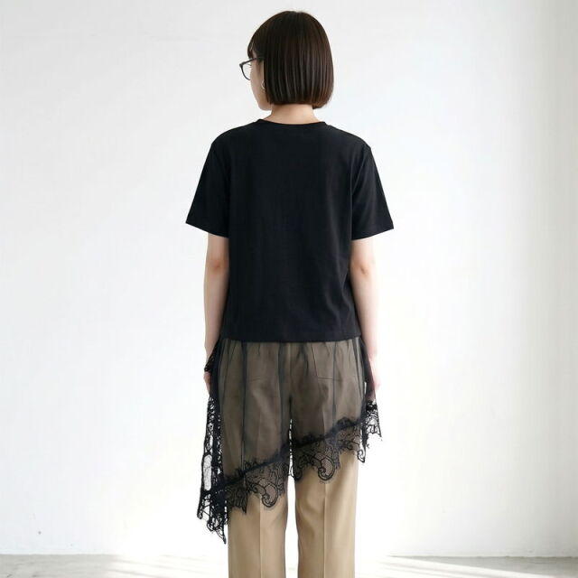 裾レースレイヤースラブTシャツ