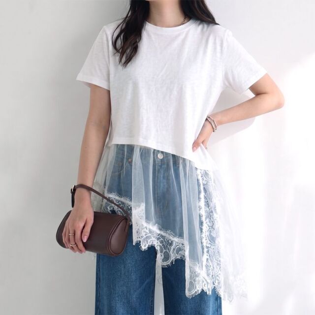 裾レースレイヤースラブTシャツ