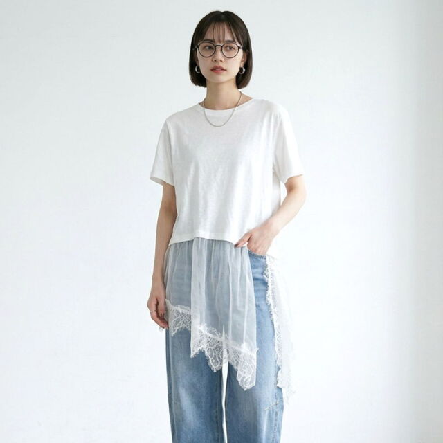 裾レースレイヤースラブTシャツ