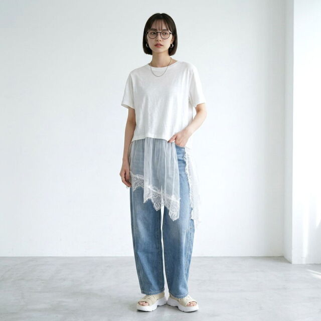 裾レースレイヤースラブTシャツ