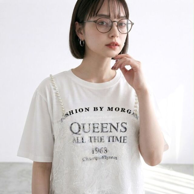 パールレースキャミレイヤード風ロゴTシャツ