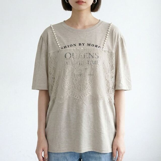 パールレースキャミレイヤード風ロゴTシャツ