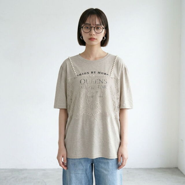 パールレースキャミレイヤード風ロゴTシャツ