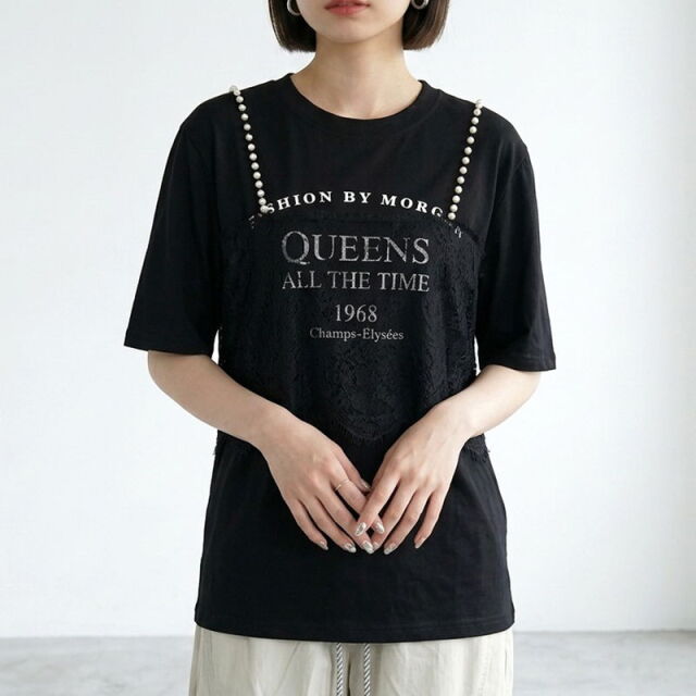 パールレースキャミレイヤード風ロゴTシャツ