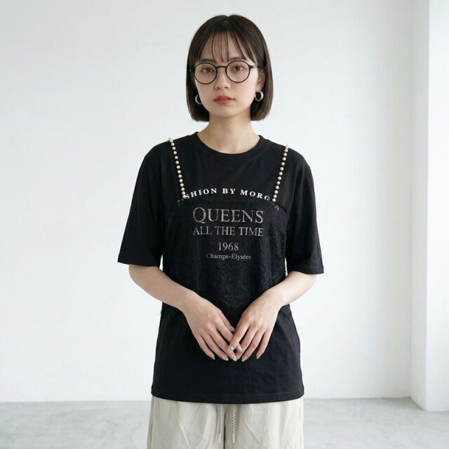 パールレースキャミレイヤード風ロゴTシャツ