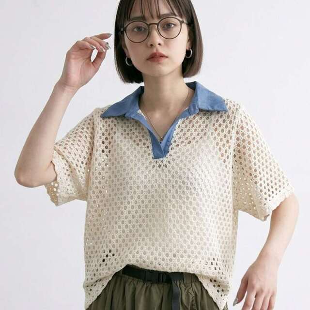 襟デニムメッシュスキッパー