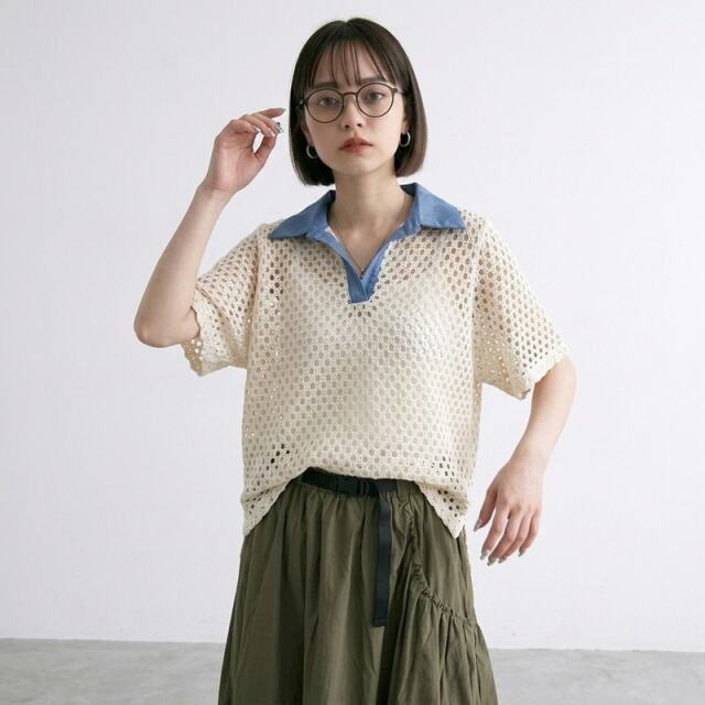 襟デニムメッシュスキッパー