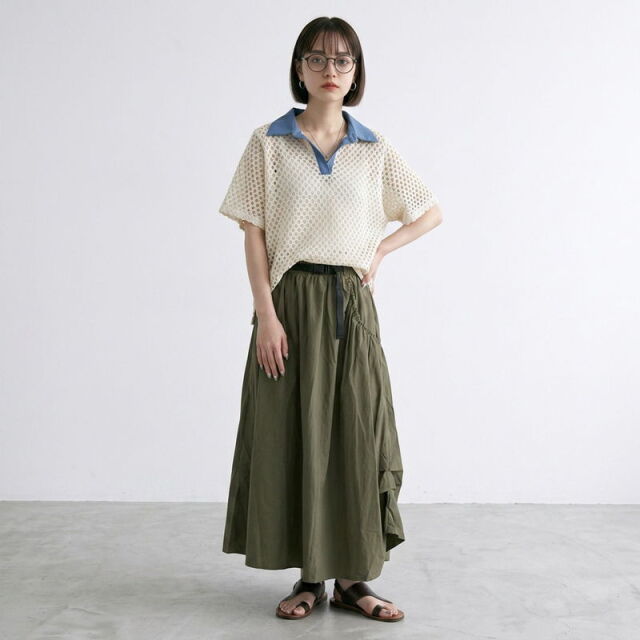 襟デニムメッシュスキッパー