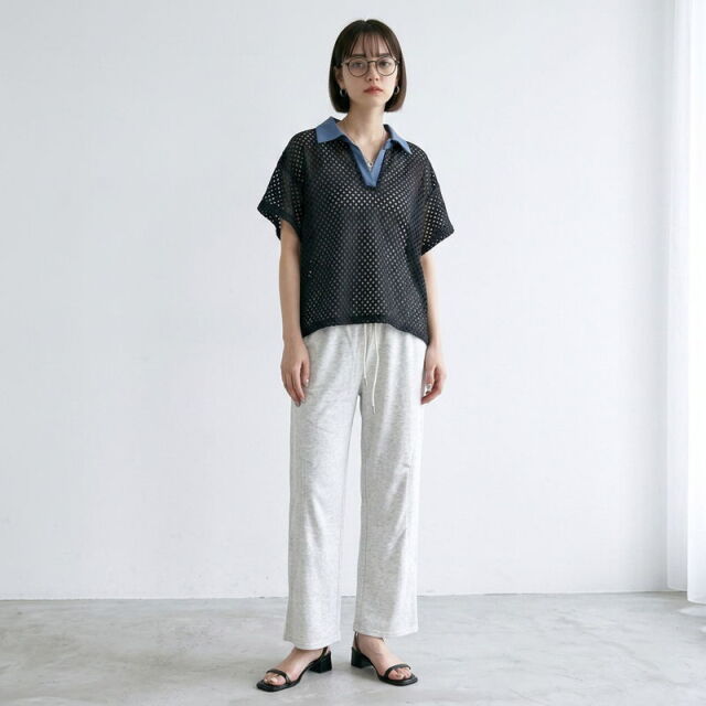 襟デニムメッシュスキッパー