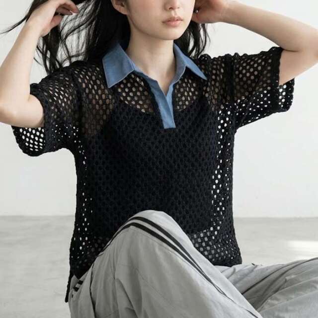 襟デニムメッシュスキッパー