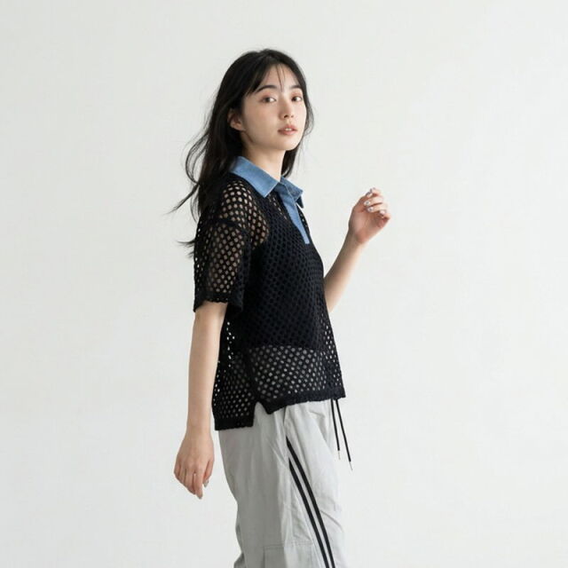 襟デニムメッシュスキッパー