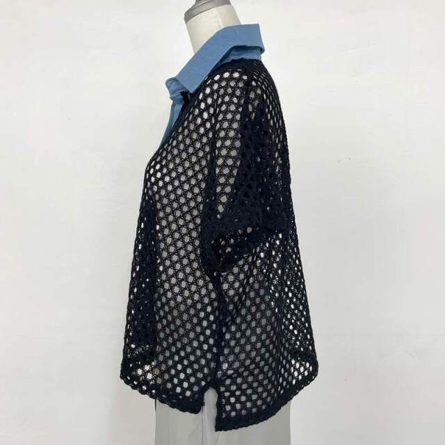 襟デニムメッシュスキッパー