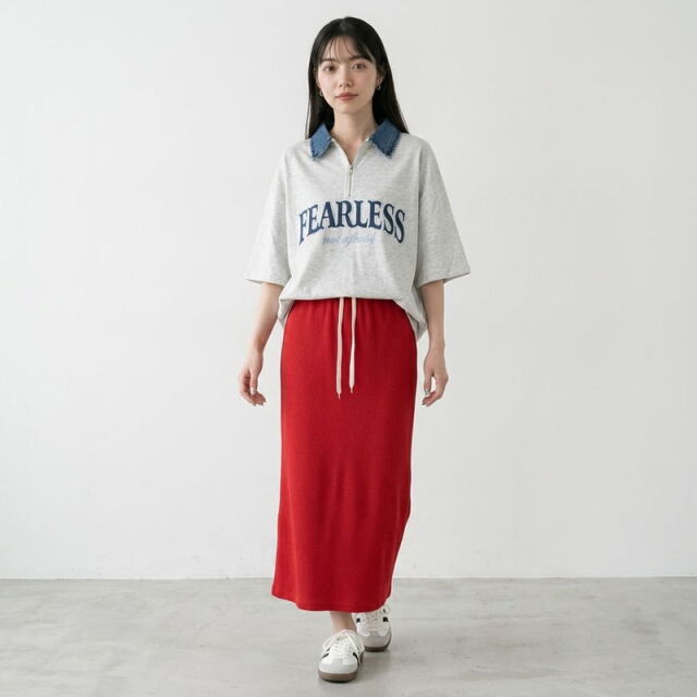 襟デニムハーフジップロゴプルオーバー