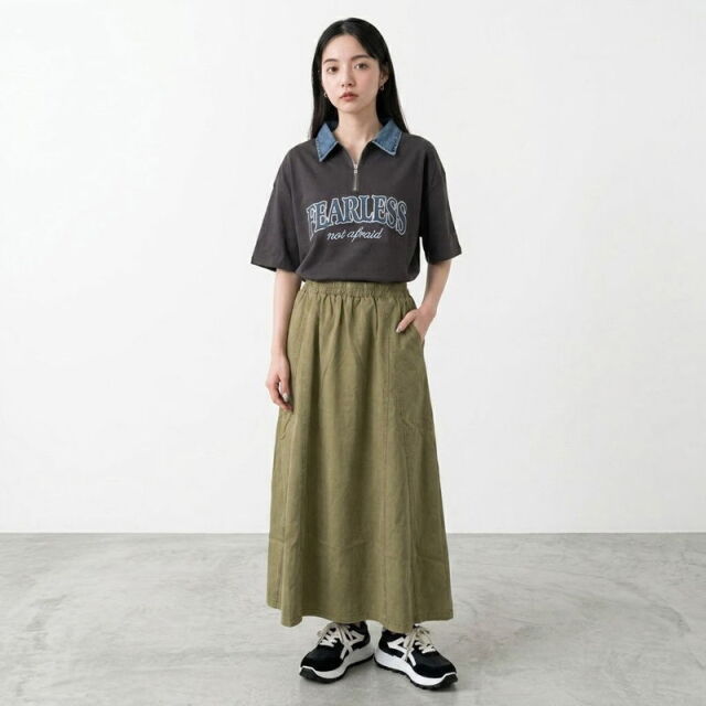 襟デニムハーフジップロゴプルオーバー
