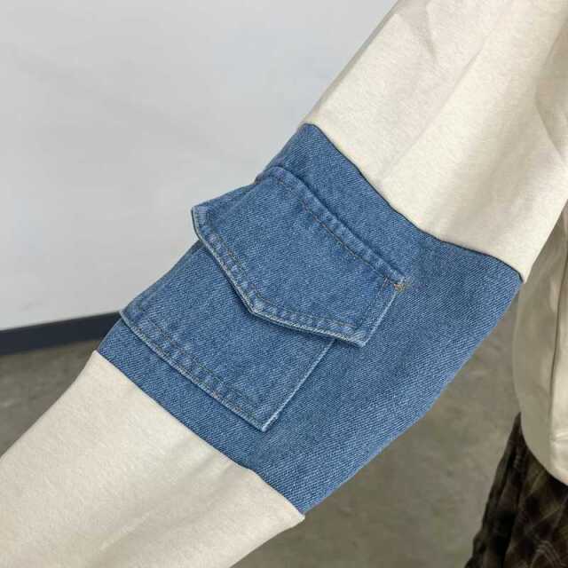 袖デニムロゴプルオーバー