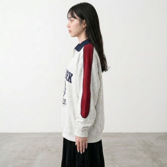 襟付きハーフジップロゴプルオーバー