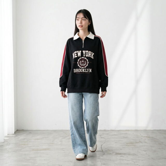 襟付きハーフジップロゴプルオーバー