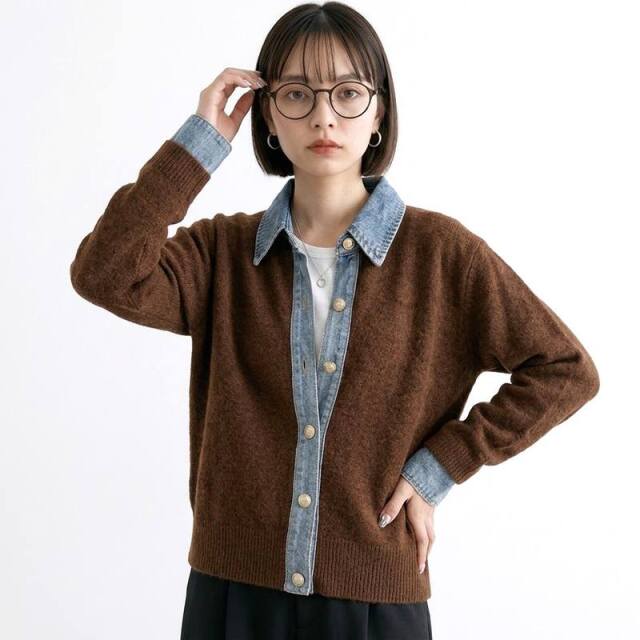 襟デニム切替TOPS