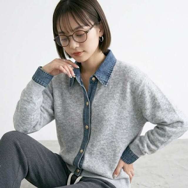 襟デニム切替TOPS