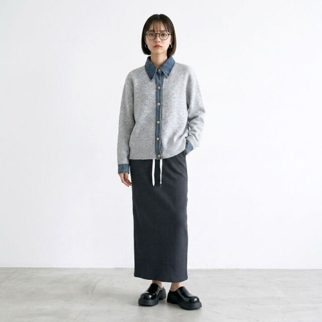 襟デニム切替TOPS