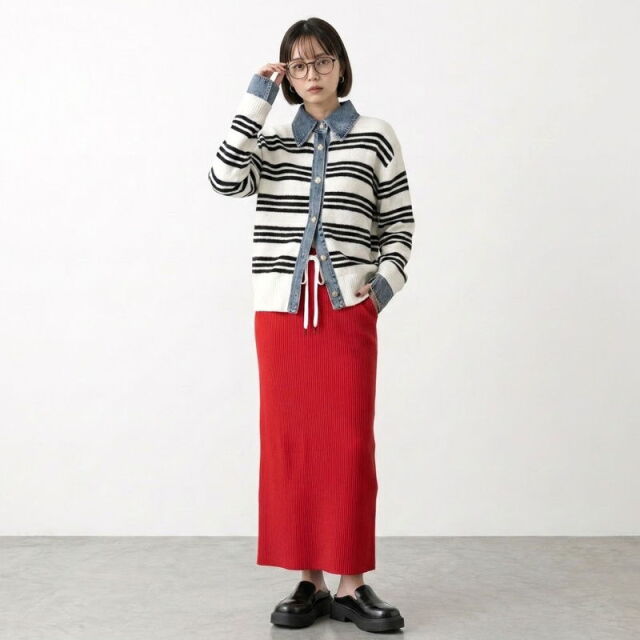 襟デニム切替TOPS