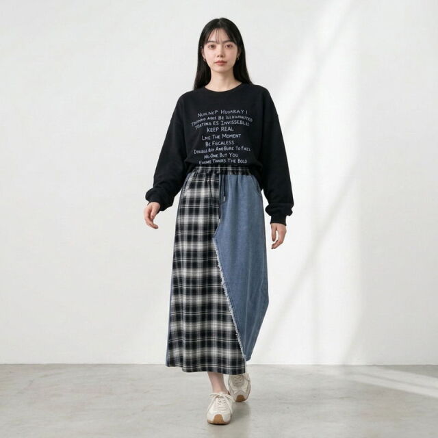 チェック切替デニムスカート