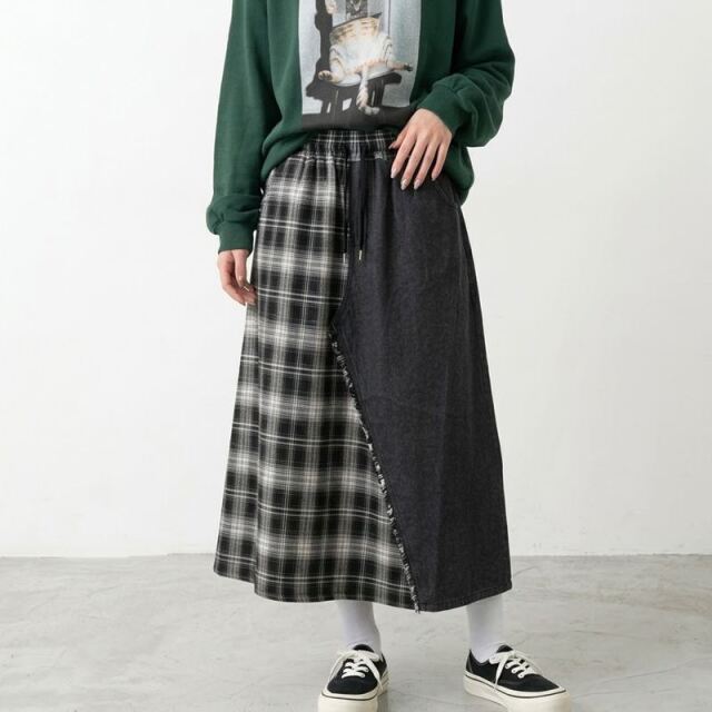 チェック切替デニムスカート