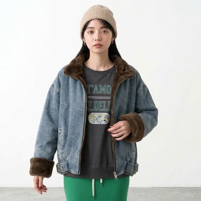 襟ファーデニムジャケット
