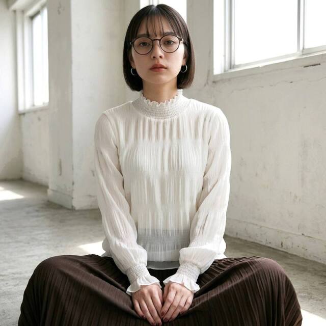 暖シフォンシャーリングブラウス