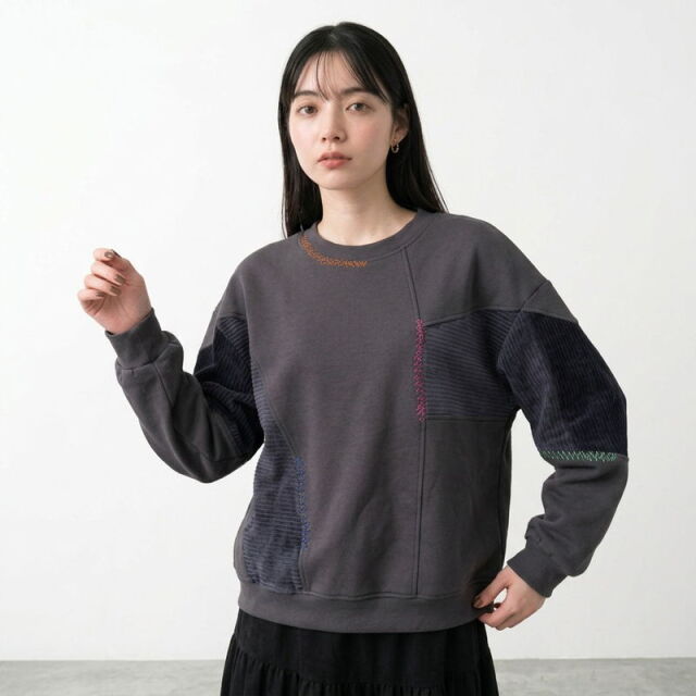 コーデュロイ切替ステッチプルオーバー