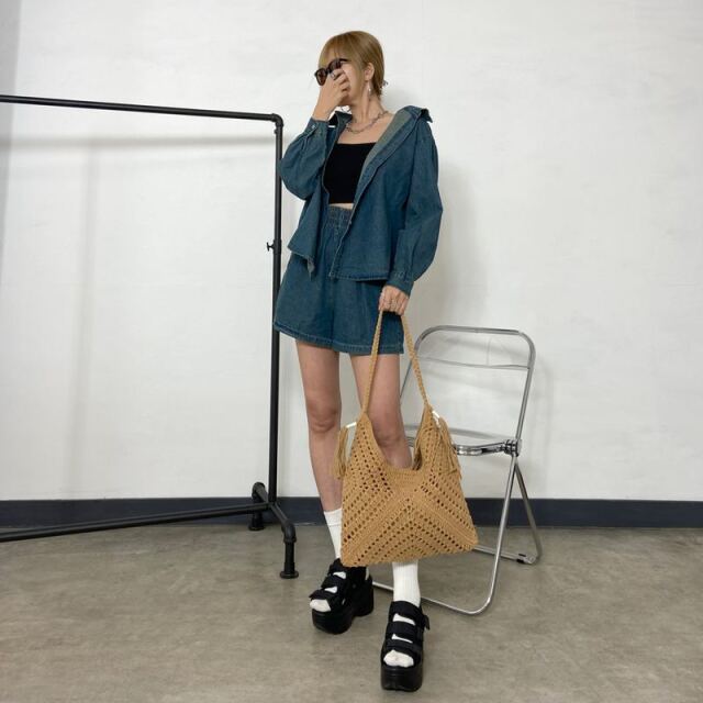 コットン編みフリンジバッグ