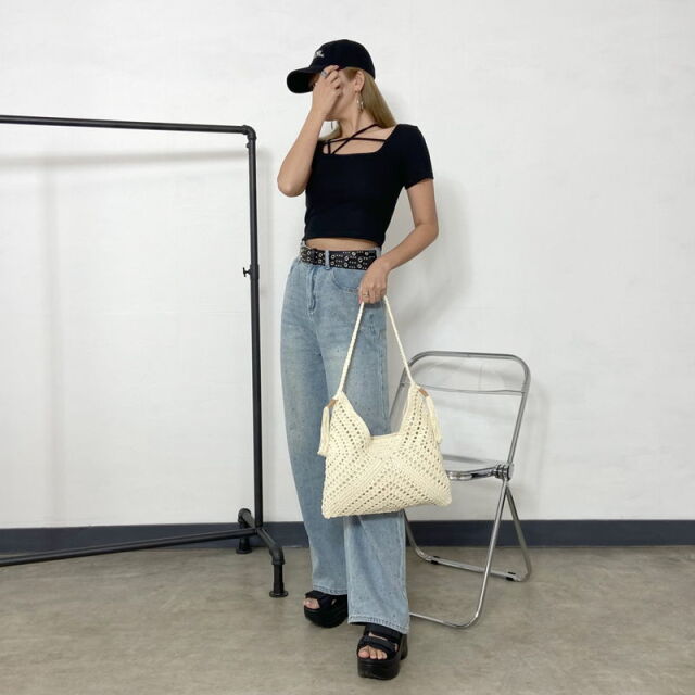 コットン編みフリンジバッグ