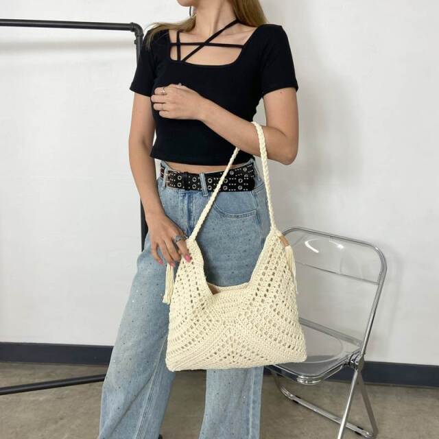 コットン編みフリンジバッグ